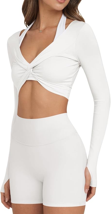 Yousify Womens Long Sleeve Workout Crop Tops Twist Deep V Neck Y2k Yoga Pilates Ballet T Shirt Top with Thumb Holes