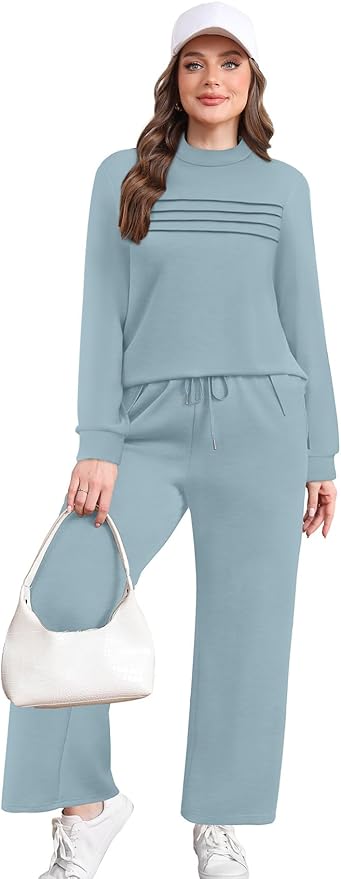 WIHOLL Two Piece Sets for Women Spring Travel Vacation Outfits 2026 Long Sleeve Lounge Sets Side Slit Wide Leg Pants S-3XL