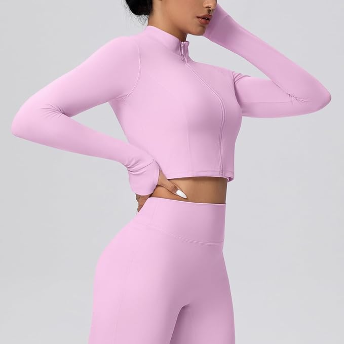 Yknktstc Womens Full Zip Athletic Jacket with Thumbhole Long Sleeve Crop Top Running Workout Yoga Sportswear Shirt