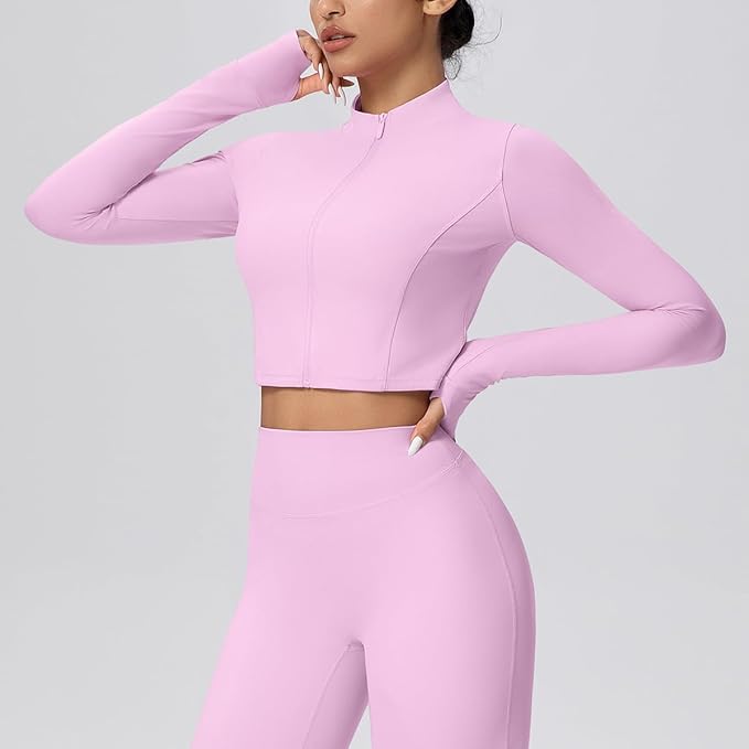 Yknktstc Womens Full Zip Athletic Jacket with Thumbhole Long Sleeve Crop Top Running Workout Yoga Sportswear Shirt