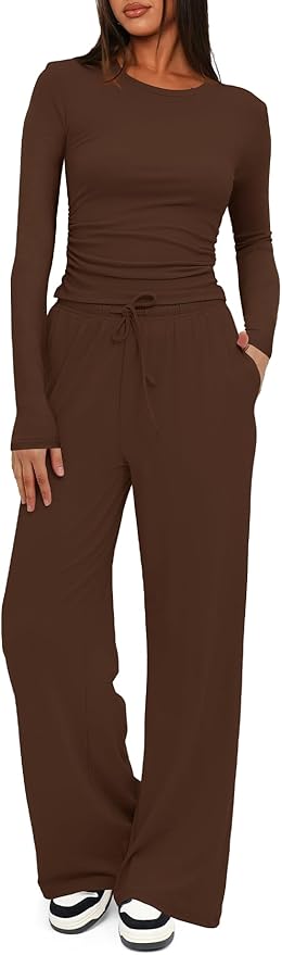 Darong Women's 2 Piece Outfits Lounge Sets 2026 Long Sleeve Tops Wide Leg Pants Casual Matching Set