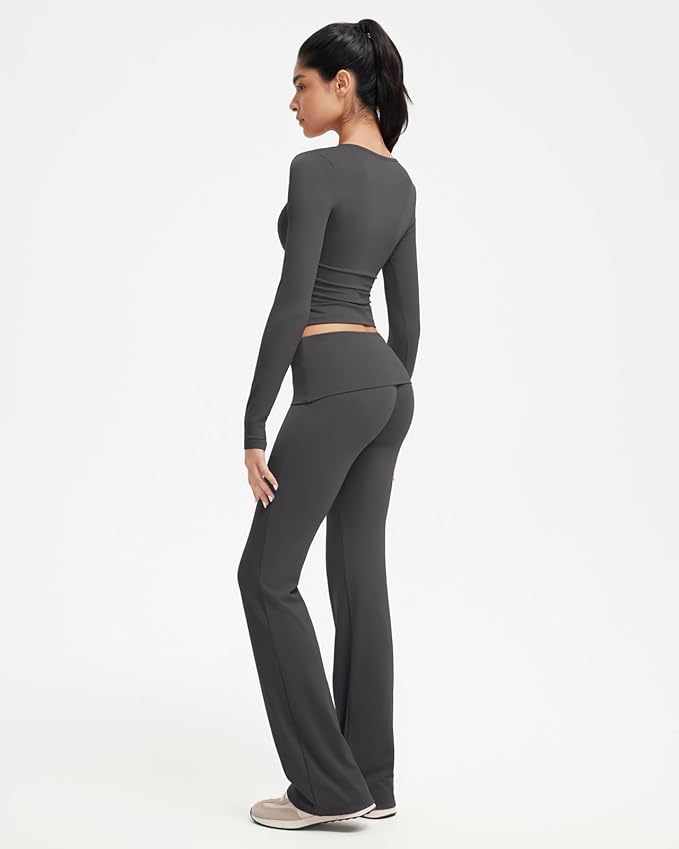 SUUKSESS Women 2 pieces Lounge Sets Long Sleeve V Neck Tops Fold Over Flare Leggings