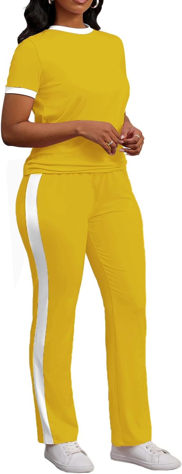 PINSV Women's 2 Piece Outfits Short Sleeve Tops Sweatpants Colorblock Bodycon Lounge Sets Tracksuit
