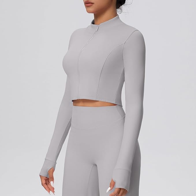 Yknktstc Womens Full Zip Athletic Jacket with Thumbhole Long Sleeve Crop Top Running Workout Yoga Sportswear Shirt