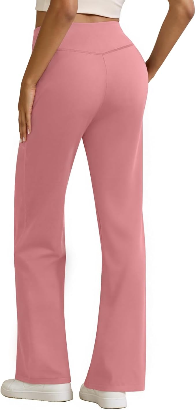 Womens High Waist Yoga Pants Stretchy Casual Trousers Straight Leg Pull On Side Pockets