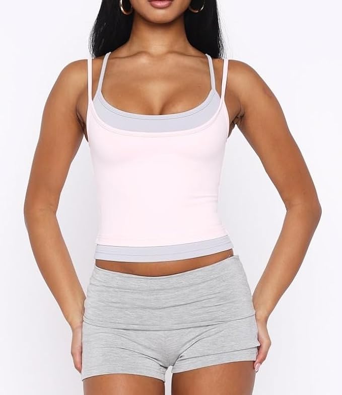 Women Double Layered Tank Tops Spaghetti Strap Yoga Workout Tops Camis Casual Going Out Cropped Top