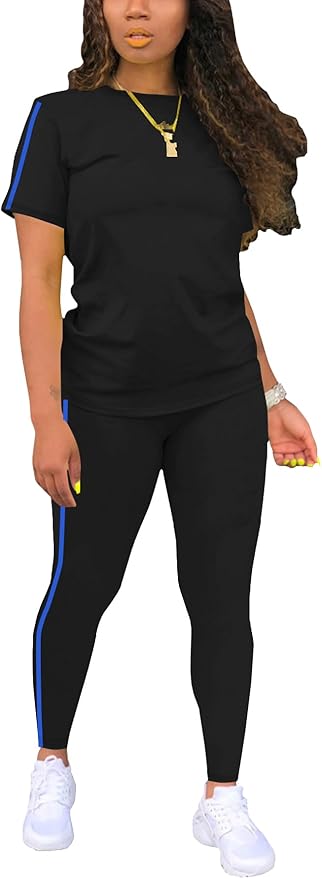 Women's 2 Piece Outfits Sweatsuit Summer Workout Striped Short Sleeve Long Sweatpants Casual Jogging Lounge Set