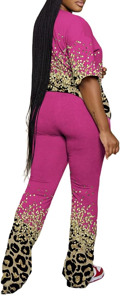 PINSV Women 2 Piece Outfits Short Sleeve Top and Flare Pants Lounge Sets Tracksuit