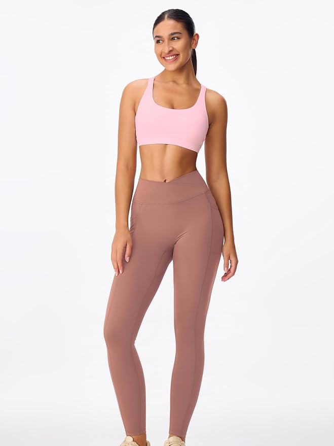 Women's Strappy Sports Bras Light Compression Crop Criss Cross Back Padded Workout Yoga Bra Supportive U Neckline