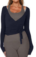 Women Wrap Tie Top Y2k Long SLeeve Ballet Workout Yoga Shirt Coquette Blouses