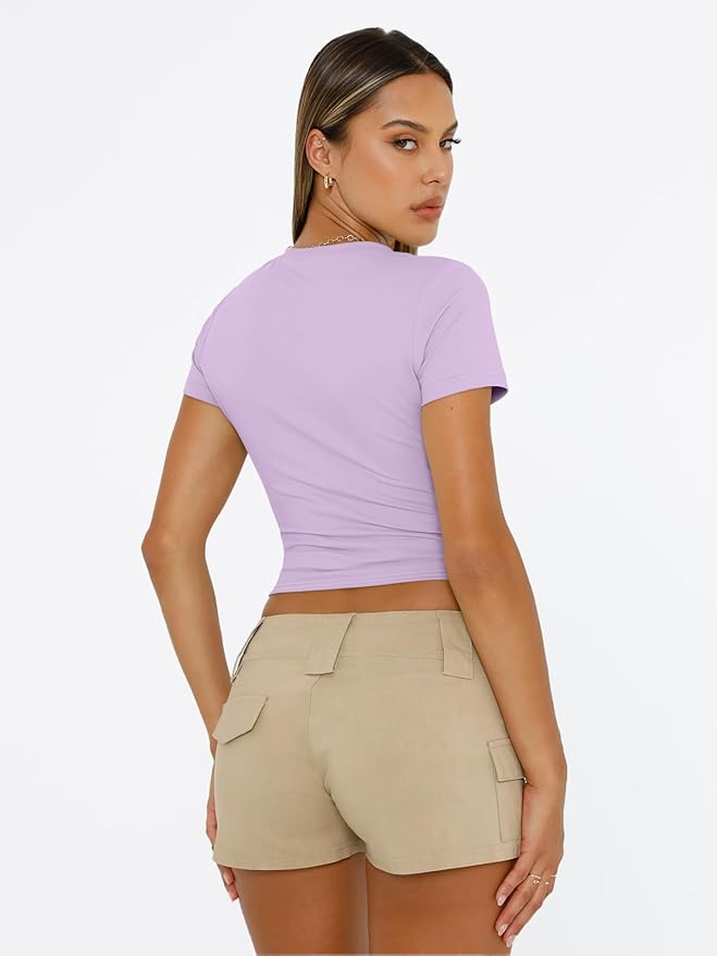 Trendy Queen Womens Short Sleeve T Shirts - Buttery Soft Summer Crop Tops Slim Fit Y2k Basic Tees for Workout
