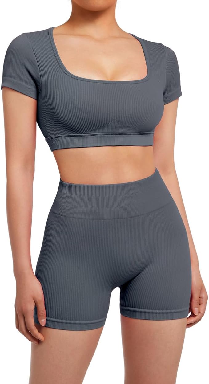 SUUKSESS Womens Workout Sets Open Back Gym Sets Woman Yoga Pilates Crop Tank High Waisted Bike Shorts