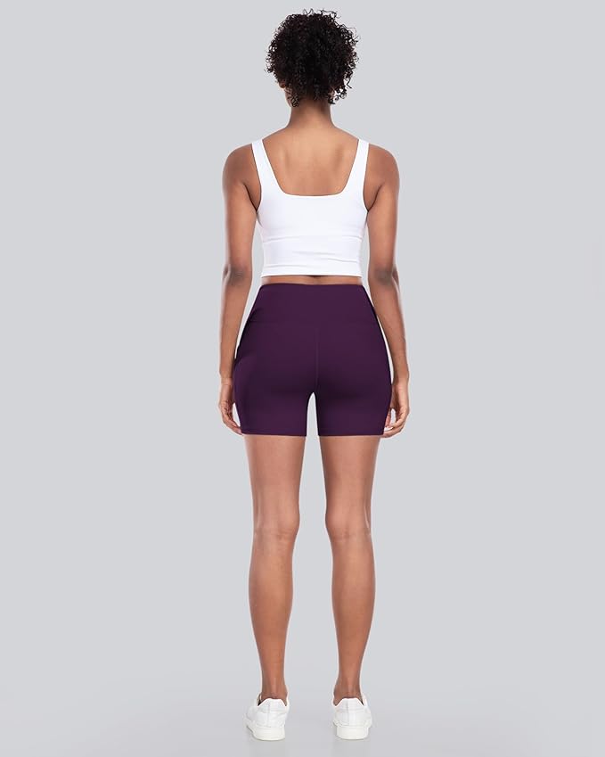 CHRLEISURE Womens Biker Yoga Shorts with Pocket, High Waisted Tummy Control 5 Inch Workout Spandex Athletic Gym Shorts