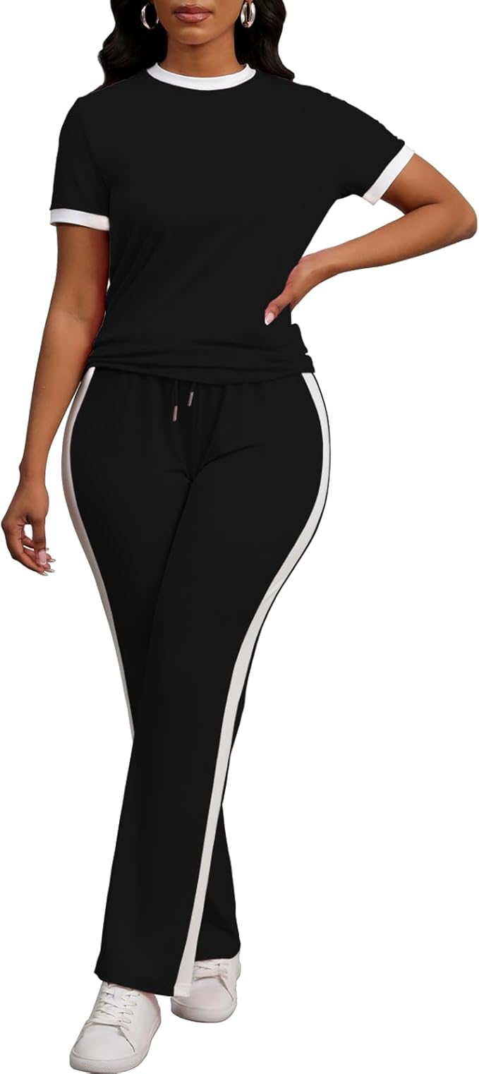 PINSV Women's 2 Piece Outfits Short Sleeve Tops Sweatpants Colorblock Bodycon Lounge Sets Tracksuit