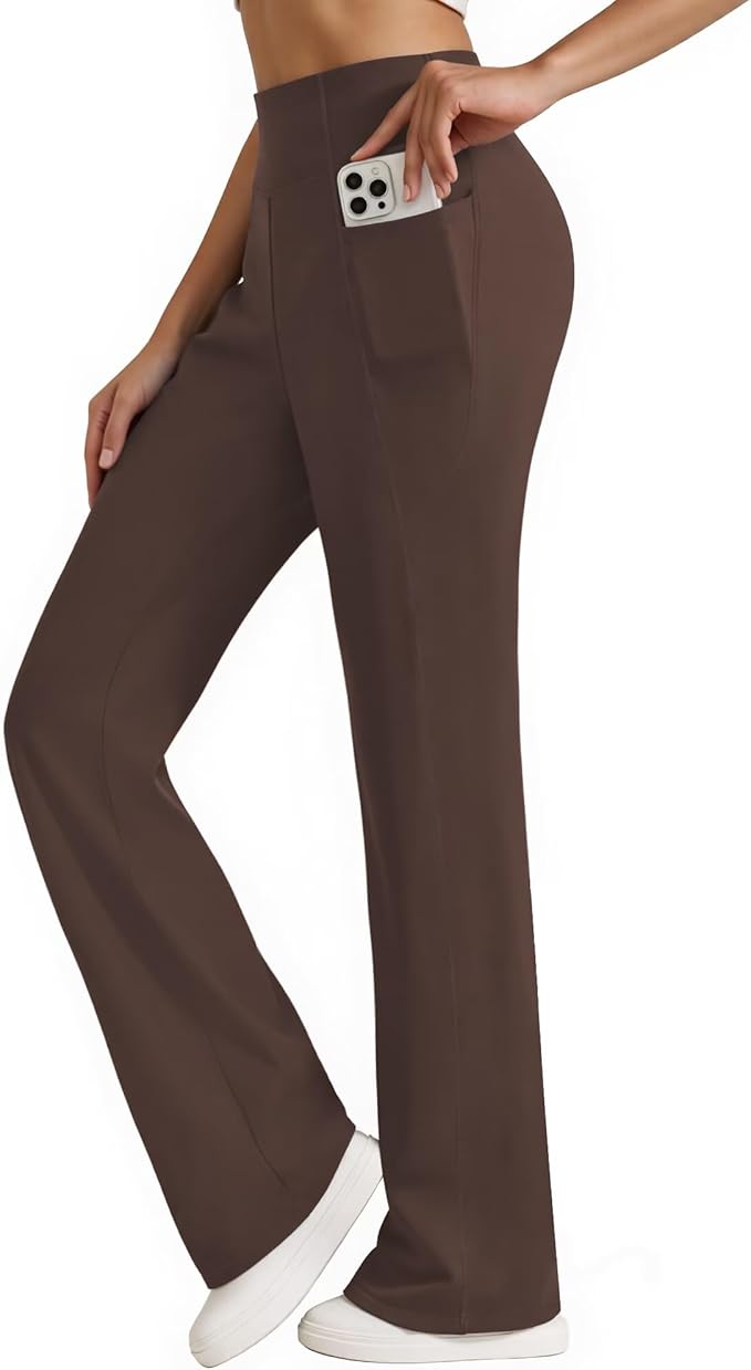 Womens High Waist Yoga Pants Stretchy Casual Trousers Straight Leg Pull On Side Pockets