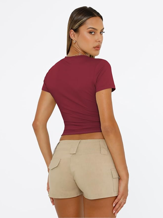 Trendy Queen Womens Short Sleeve T Shirts - Buttery Soft Summer Crop Tops Slim Fit Y2k Basic Tees for Workout