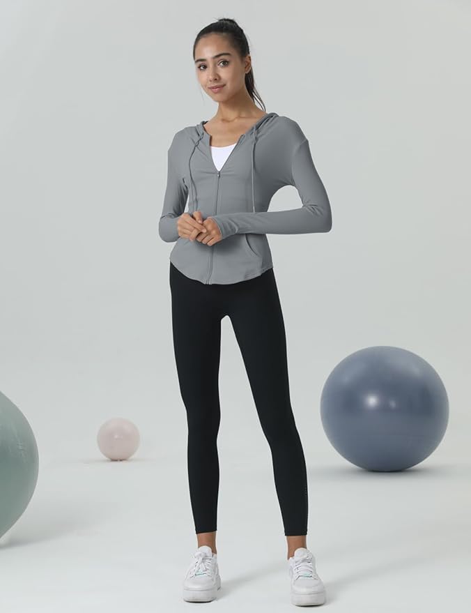 Locachy Womens Slim Fit Full Zip Hoodie Athletic Jacket Yoga Workout Running Jackets with Thumb Holes