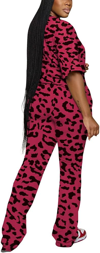 PINSV Women 2 Piece Outfits Short Sleeve Top and Flare Pants Lounge Sets Tracksuit