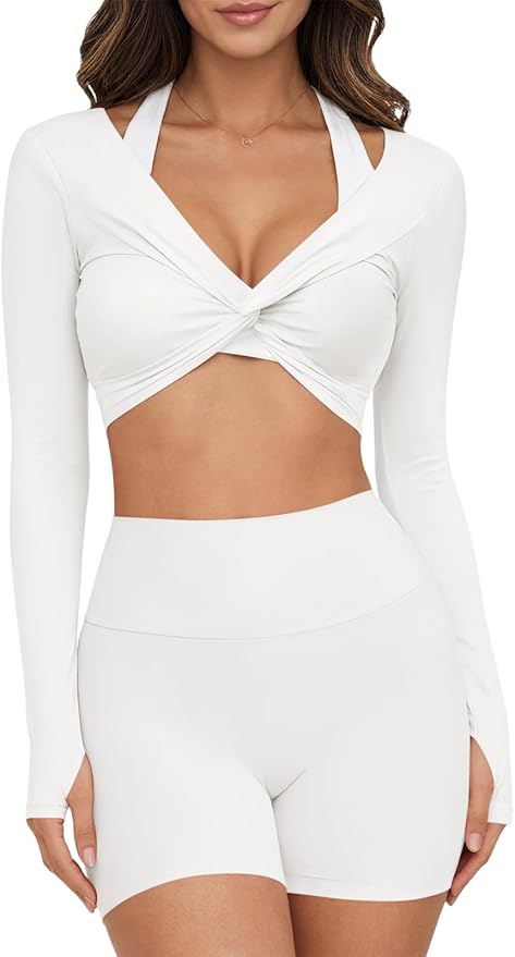 Yousify Womens Long Sleeve Workout Crop Tops Twist Deep V Neck Y2k Yoga Pilates Ballet T Shirt Top with Thumb Holes