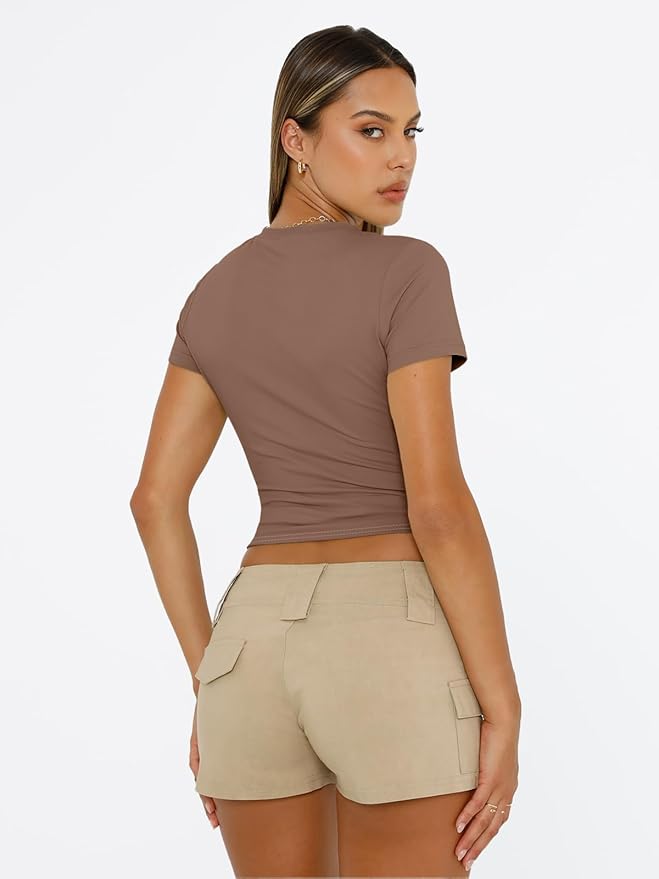Trendy Queen Womens Short Sleeve T Shirts - Buttery Soft Summer Crop Tops Slim Fit Y2k Basic Tees for Workout