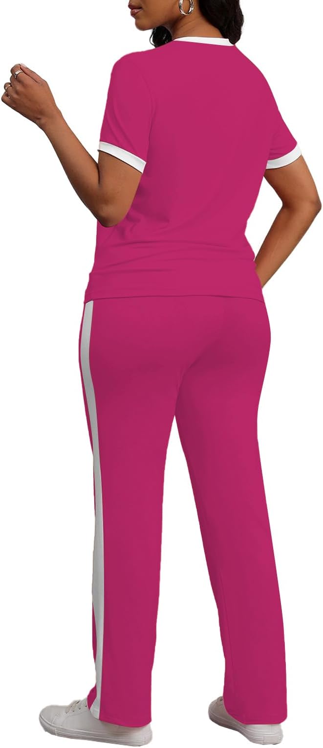 PINSV Women's 2 Piece Outfits Short Sleeve Tops Sweatpants Colorblock Bodycon Lounge Sets Tracksuit