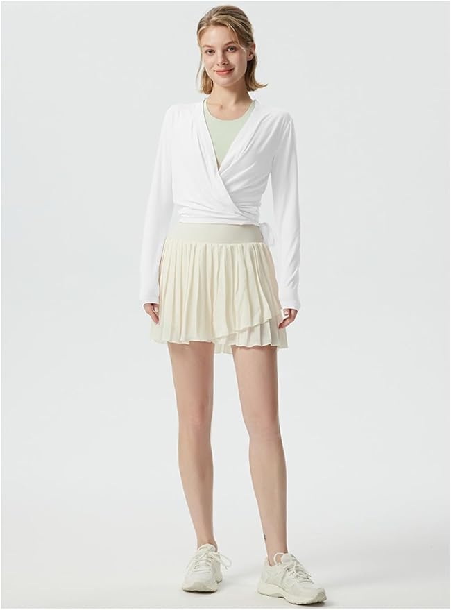 Yoga outfit with feminine temperament, cross V-neck, slimming effect, pleated waist, slim fit, sports long sleeved outfit