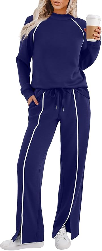 WIHOLL Lounge Sets for Women 2 Piece Fall Outfits 2025 Wide Leg Pant Matching Sets Womens Clothing
