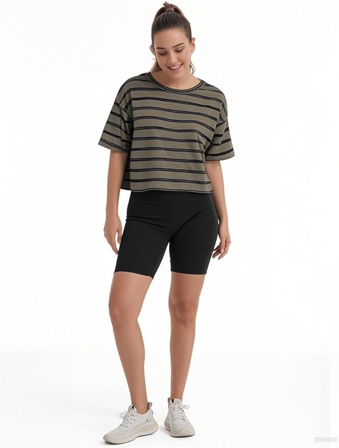 Women's Oversize Workout Crop Tops Casual Short Sleeve Drop Shoulder Boxy T-Shirts Roll Hem Basic Loose Yoga Running Tees