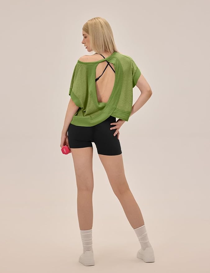 UNIANKIYA Open Back Workout Tops for Women Loose Fit Athletic Crop Tee Short Sleeve Gym Running Yoga Shirt