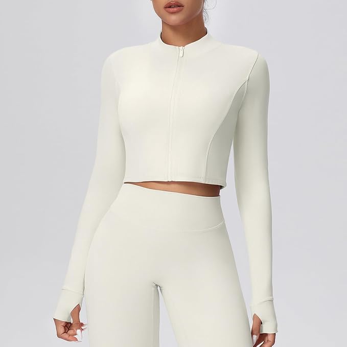 Yknktstc Womens Full Zip Athletic Jacket with Thumbhole Long Sleeve Crop Top Running Workout Yoga Sportswear Shirt