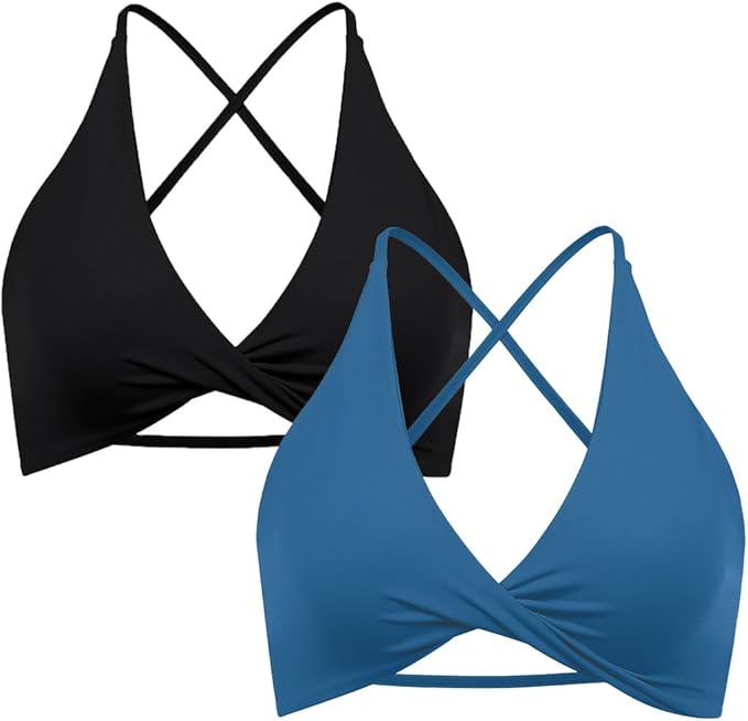 SUUKSESS Women 2 Piece Open Back Strappy Sports Bra Pack Twist V Neck Workout Crops