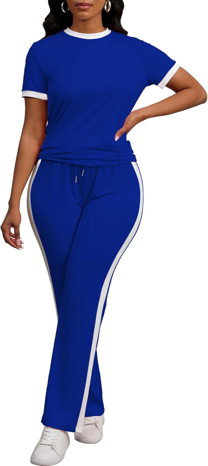 PINSV Women's 2 Piece Outfits Short Sleeve Tops Sweatpants Colorblock Bodycon Lounge Sets Tracksuit