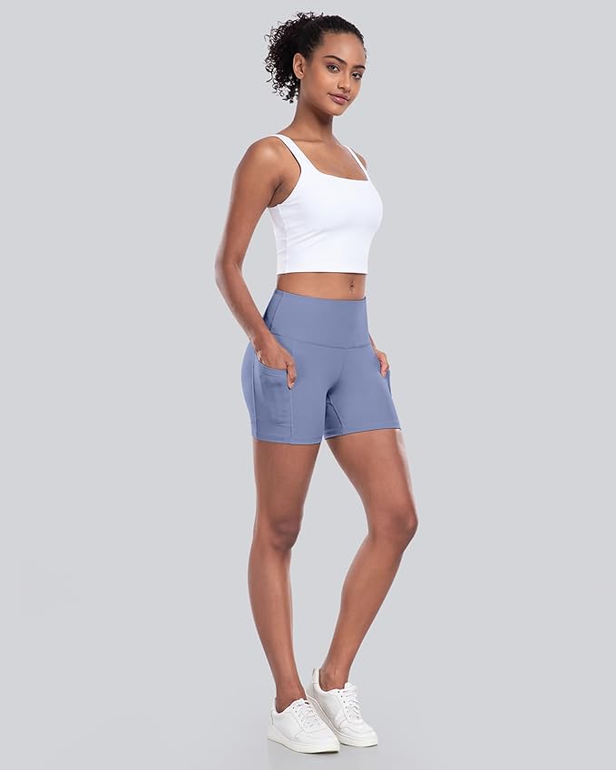 CHRLEISURE Womens Biker Yoga Shorts with Pocket, High Waisted Tummy Control 5 Inch Workout Spandex Athletic Gym Shorts