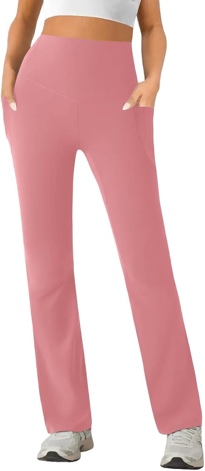 Womens High Waist Yoga Pants Stretchy Casual Trousers Straight Leg Pull On Side Pockets