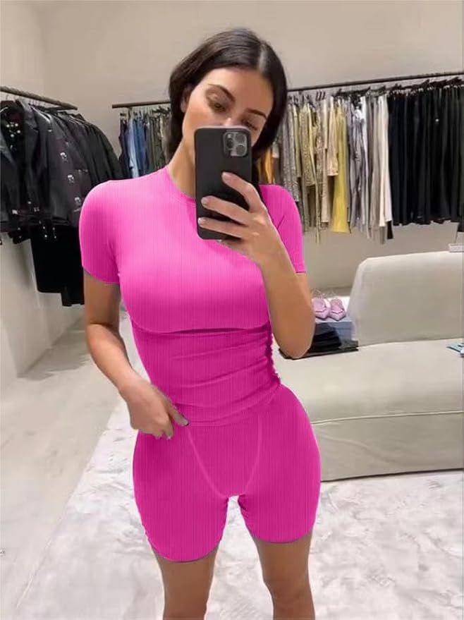 AYWA Two Piece Outfits for Women Fitted Crew Neck T-shirt High Waist Leggings Biker Shorts Matching Sets Streetwear