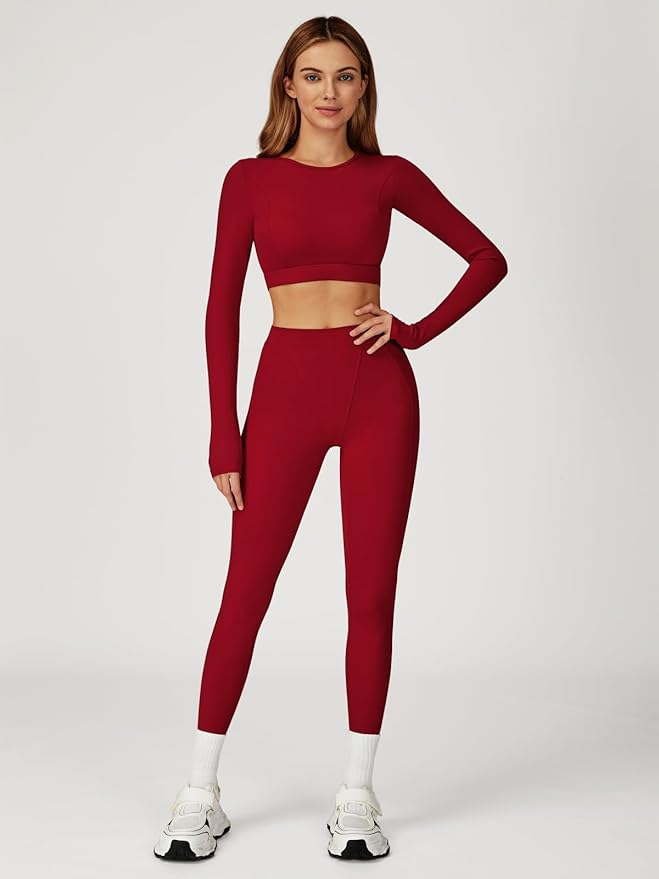 Women’s 2 Piece Workout Set Long Sleeve Crop Top & High Waist Leggings | Stretch Activewear for Gym & Yoga