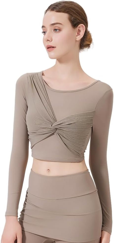 Harssidanzar Women's Backless Yoga Tops 2 in 1 Long Sleeve with Sports Bra for Gym Athletic CL313US