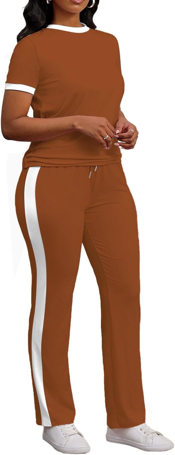 PINSV Women's 2 Piece Outfits Short Sleeve Tops Sweatpants Colorblock Bodycon Lounge Sets Tracksuit