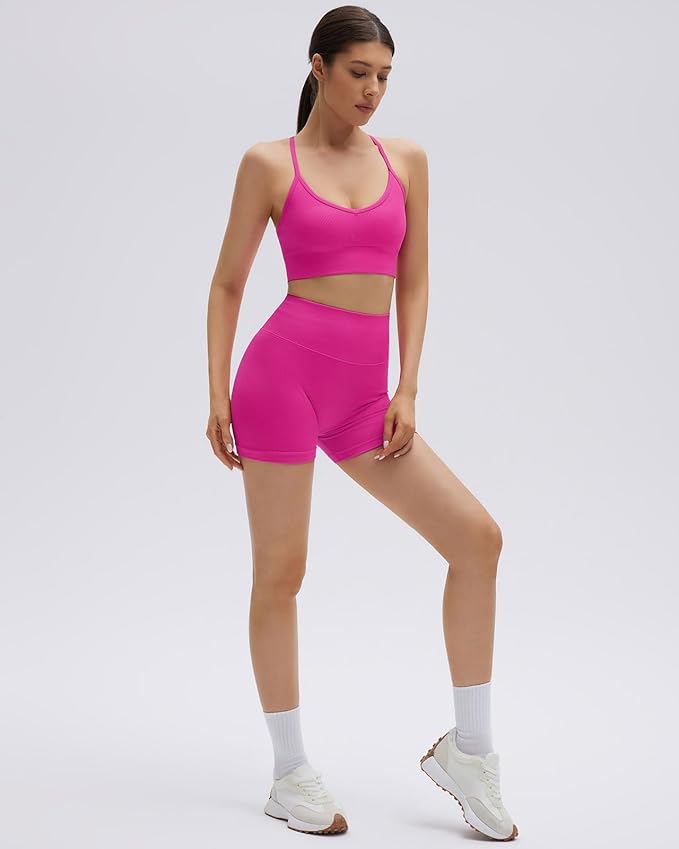 SUUKSESS Women Seamless 2 Piece Workout Sets Criss Cross Sports Bra High Waist Booty Shorts