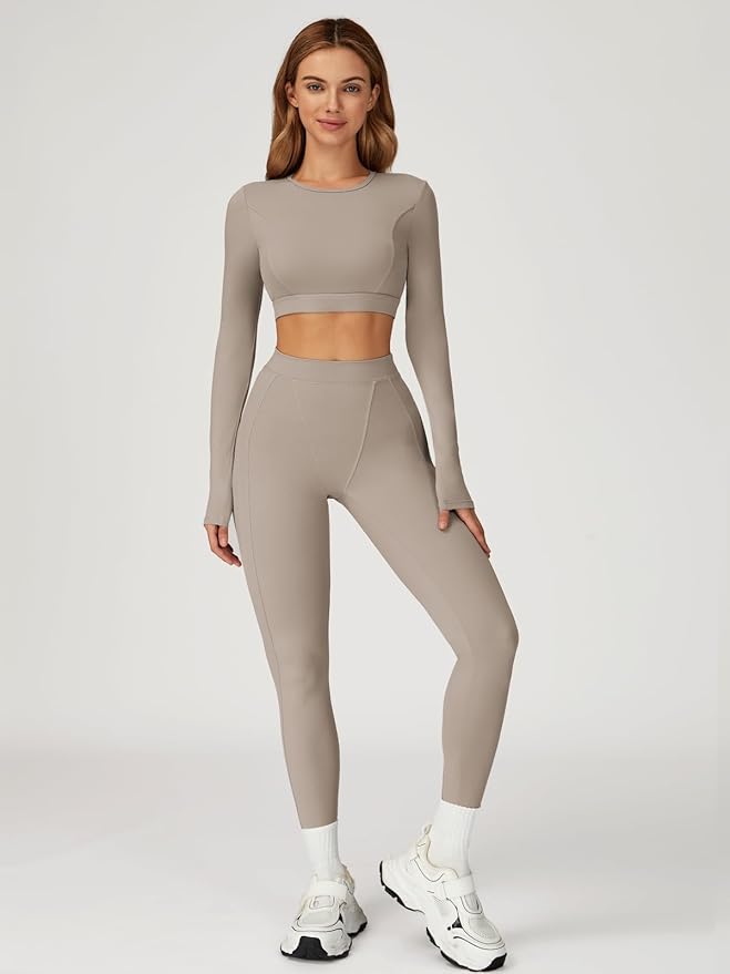 Women’s 2 Piece Workout Set Long Sleeve Crop Top & High Waist Leggings | Stretch Activewear for Gym & Yoga