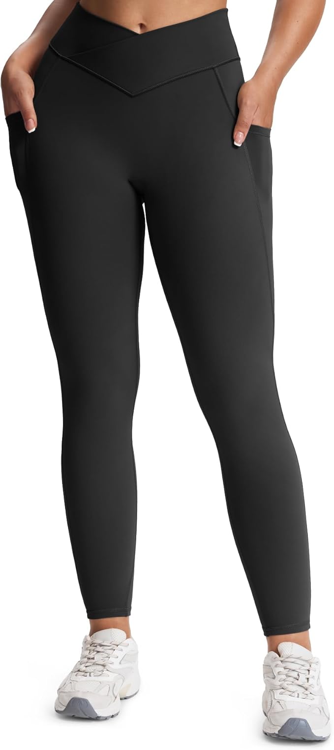 Aoxjox Women's Trinity High Waisted Yoga Pants with Pockets Cross-Waist Tummy Control Buttery Soft Workout Leggings 26"