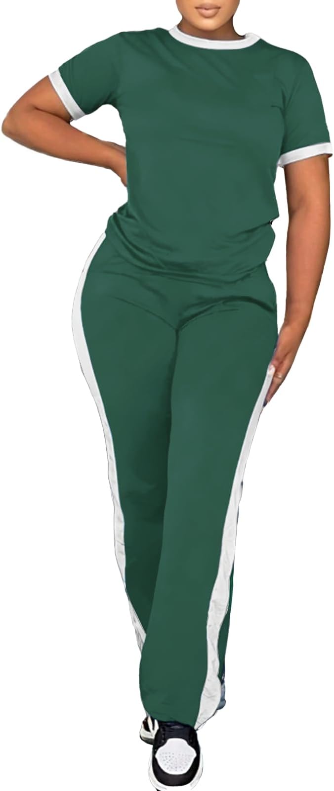 PINSV Women's 2 Piece Outfits Short Sleeve Tops Sweatpants Colorblock Bodycon Lounge Sets Tracksuit