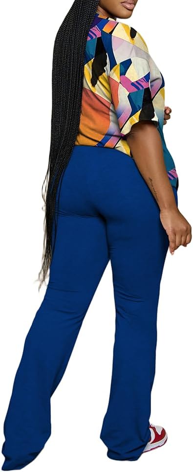 PINSV Women 2 Piece Outfits Short Sleeve Top and Flare Pants Lounge Sets Tracksuit