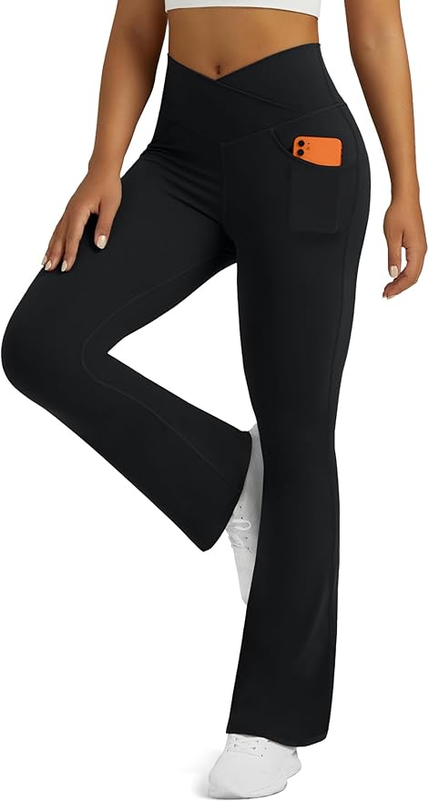 Flare Leggings for Women Yoga Pants with Pockets High Waisted Crossover Flare Leggings Bootcut Casual Yoga Pants