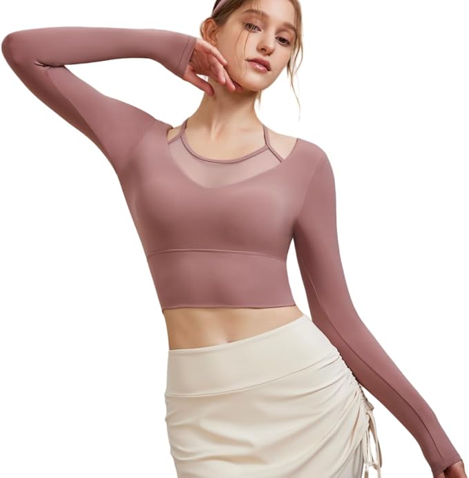 Harssidanzar Women's Yoga Workout Tops 2 in 1 Sports Bra for Gym Athletic Casual Long Sleeve CL312US