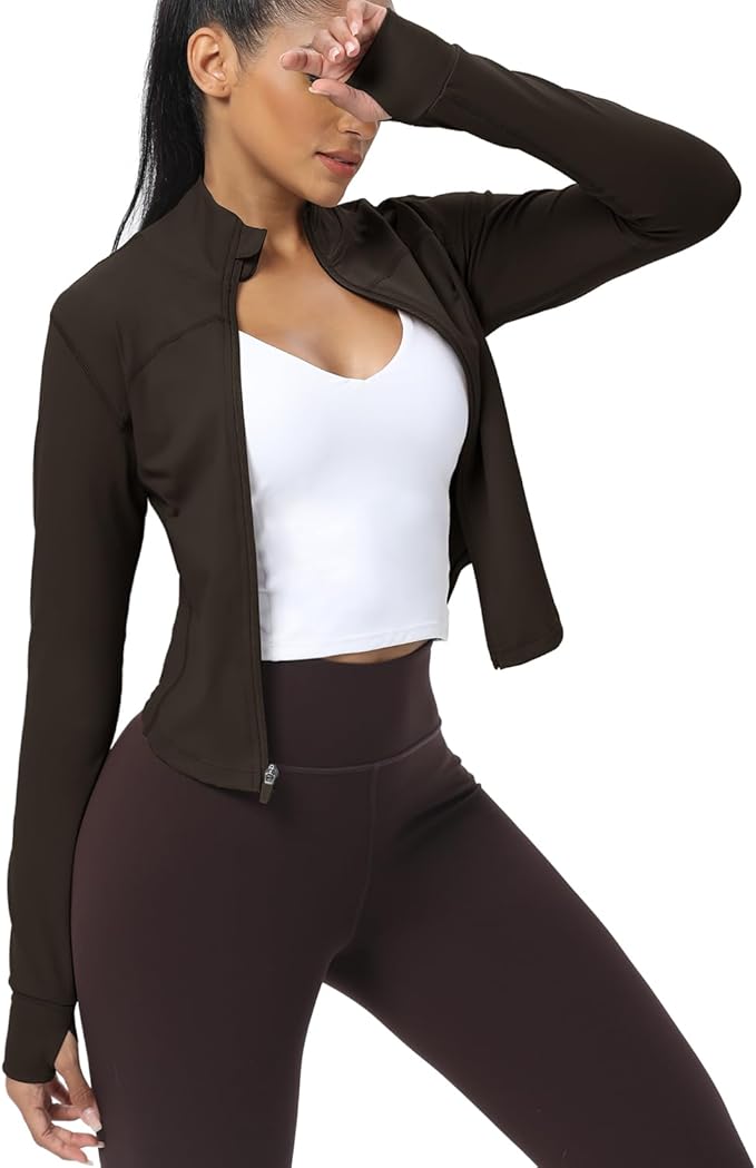 AVGO Women's Cropped Running Workout Jackets Zip Slim Fit Athletic Tops with Thumb Holes
