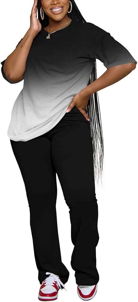 PINSV Women 2 Piece Outfits Short Sleeve Top and Flare Pants Lounge Sets Tracksuit