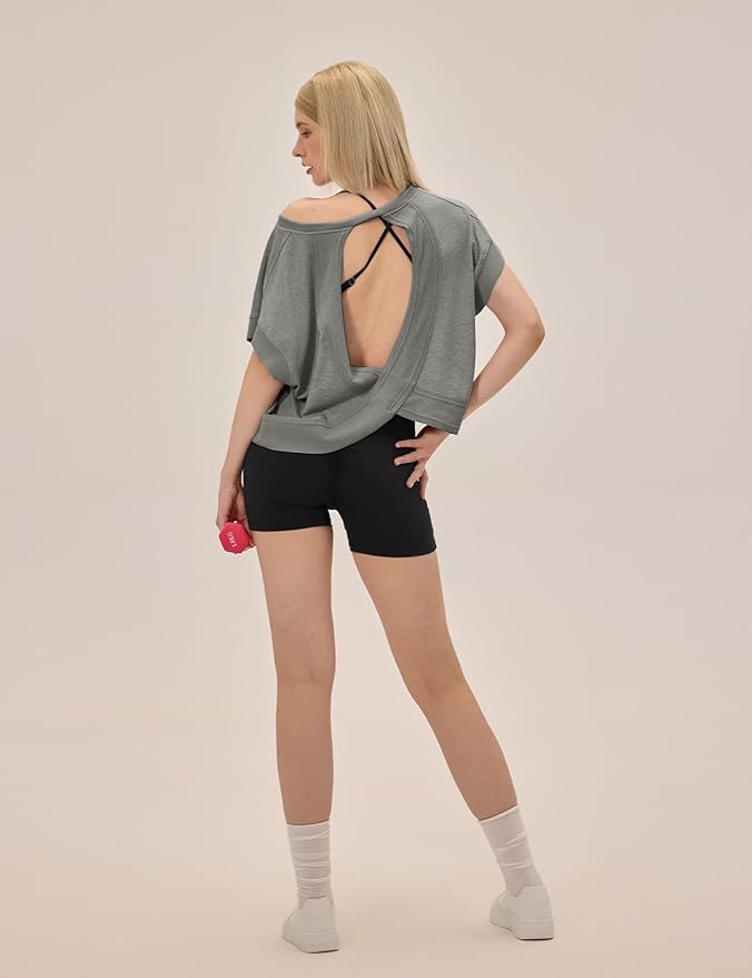 UNIANKIYA Open Back Workout Tops for Women Loose Fit Athletic Crop Tee Short Sleeve Gym Running Yoga Shirt
