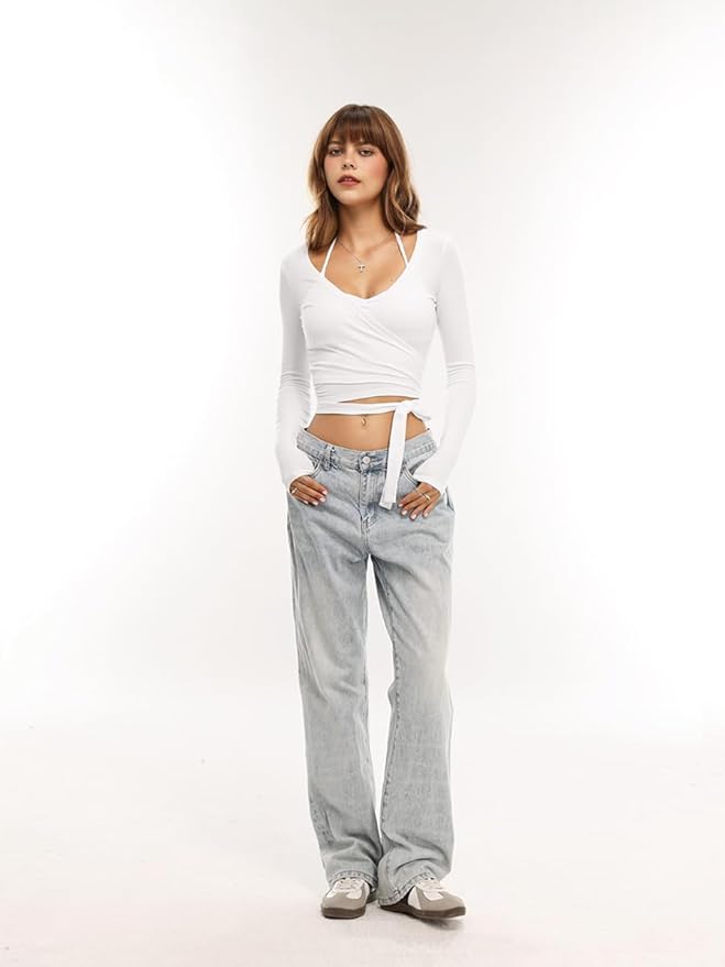 Danysu Ballet Wrap Tops Long Sleeve Cross Tie Crop Shirts Deep V-Neck Dance Clothes Fall Cardigans