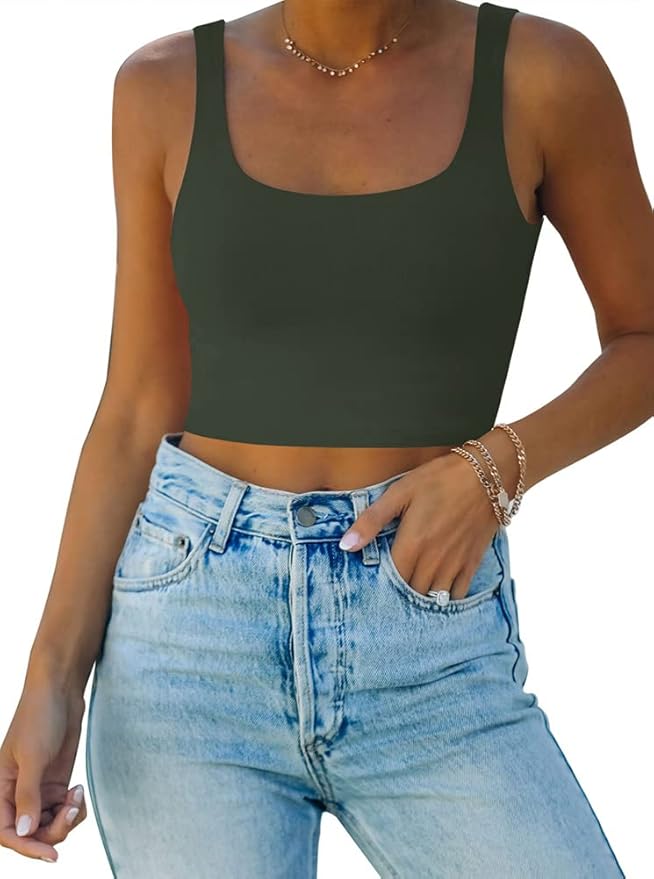 REORIA Women’s Sexy Square Neck Double Lined Seamless Sleeveless Cropped Tank Yoga Crop Basic Tops